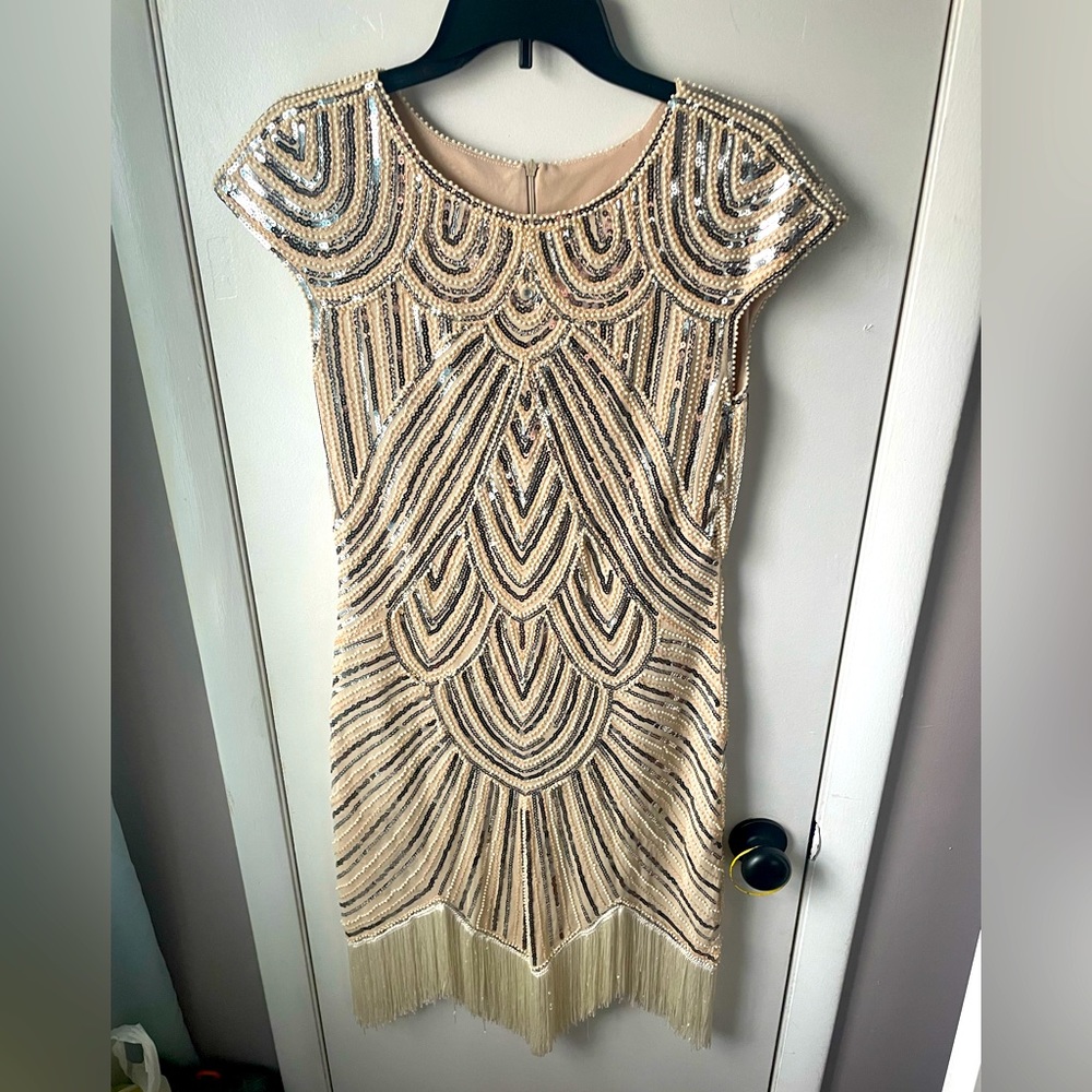 Cream, white and silver sequin cocktail dress